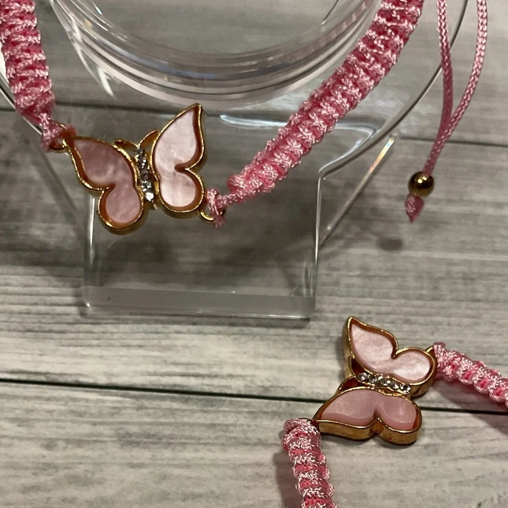 Pink Butterfly Bracelet set of 2 best friend bracelets weaved stone